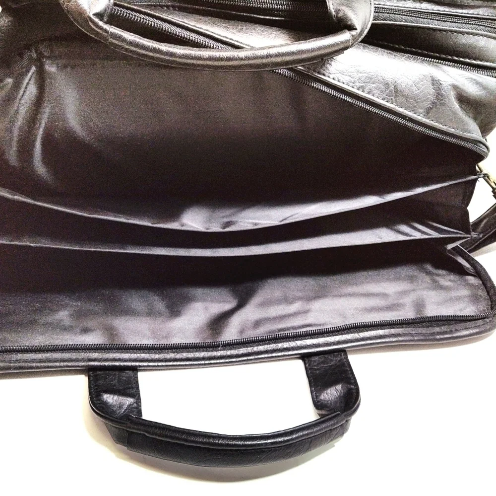 Black Faux Leather Briefcase Messenger Bag with Multiple Zipper Pockets